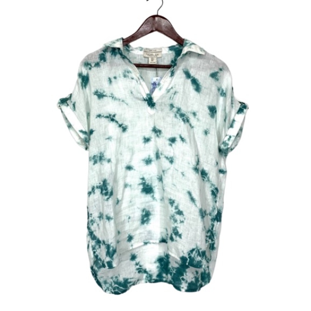 Rachel Zoe 100% Linen Shirt White & Green Tie Dye Short Sleeve V-Neck Blouse Nwt
